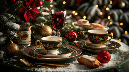 Fototapeta premium cozy holiday table setting featuring elegant cups, festive decorations, and delicious treats, creating warm and inviting atmosphere for celebration