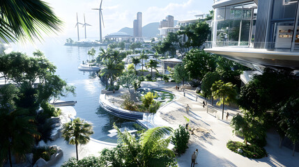 Fototapeta premium Modern waterfront cityscape with wind turbines and lush greenery