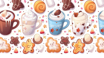 Cozy pattern featuring hot cocoa mugs, marshmallows, and various sweet treats, creating warm and inviting atmosphere perfect for winter