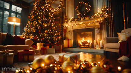 cozy living room scene featuring beautifully decorated Christmas tree, warm fireplace, and festive decorations. ambiance is inviting and joyful, perfect for holiday season