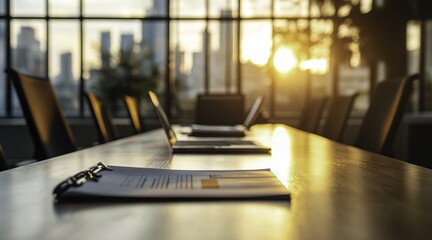 Modern boardroom table with a city skyline view, featuring a laptop on one side and large windows providing natural light, creating an inviting atmosphere for business meetings.