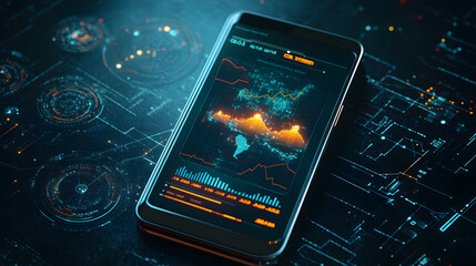 close up view of smartphone displaying interactive data visualizations, showcasing vibrant graphs