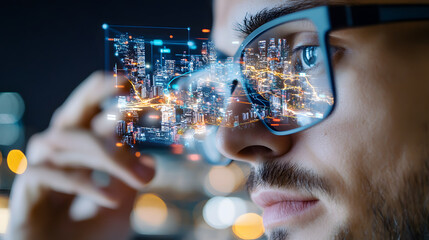 Close up of smart glasses displaying digital city map at night