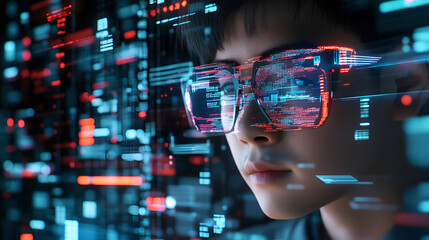 Data scientist analyzing trends with futuristic glasses and digital interface