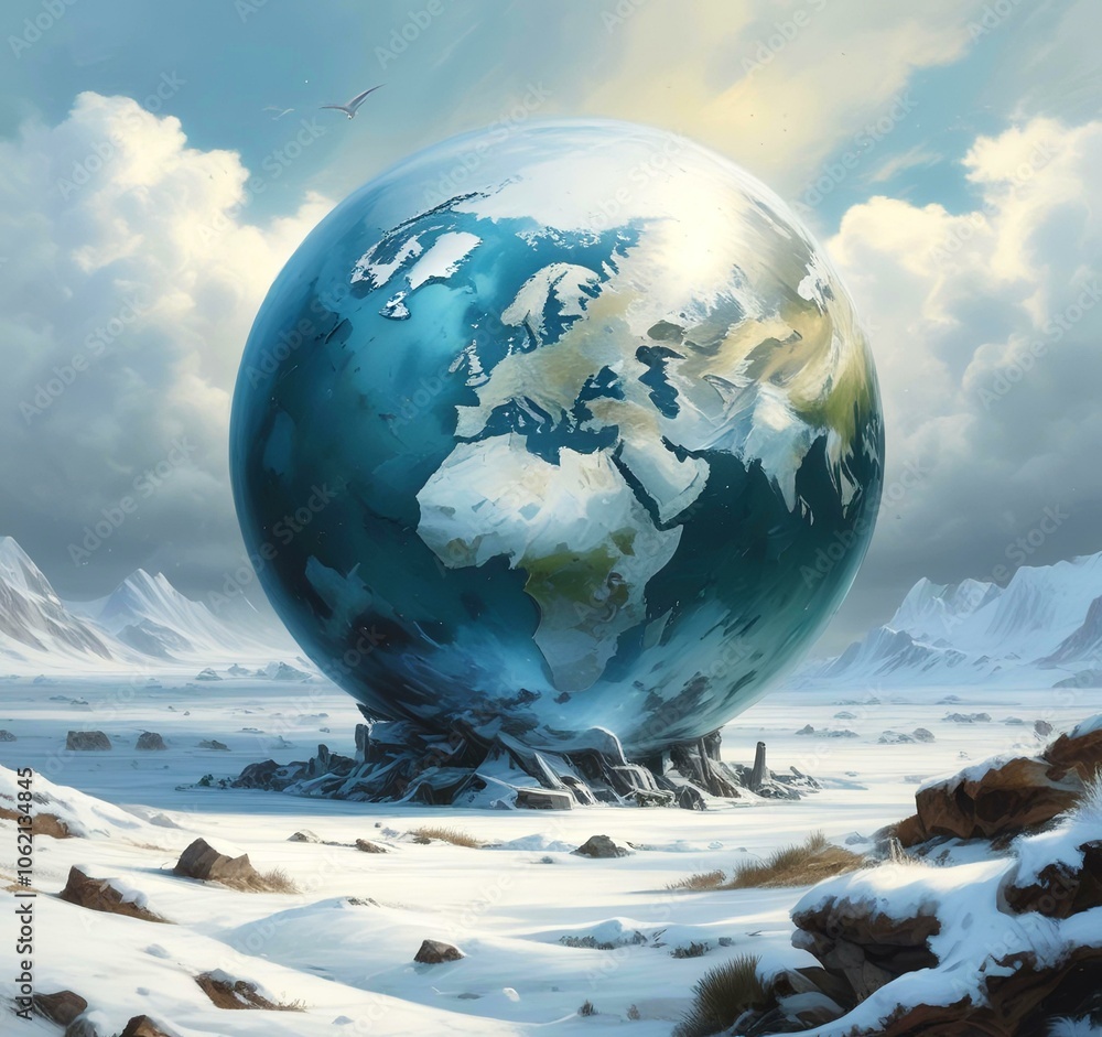 Wall mural illustration of earth planet globe frozen in ice and snow with winter landscape.