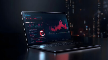 High resolution laptop displaying data analytics and graphs in dark setting