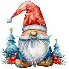 Smiling gnome in red hat near Christmas trees.