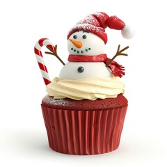 Snowman cupcake with red frosting and candy cane.