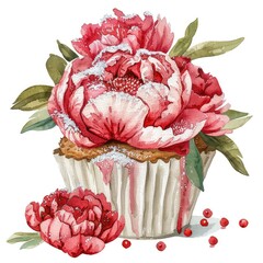 Watercolor cupcake with pink peonies.