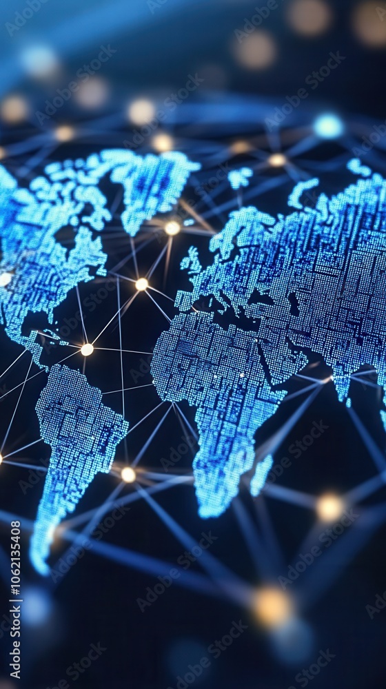 Poster a digital representation of a world map with a network overlay, symbolizing connectivity and global 