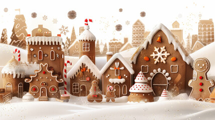 whimsical gingerbread village adorned with festive decorations, featuring charming houses, candy canes, and snowflakes, creating delightful holiday atmosphere