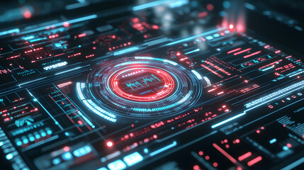 Futuristic interface displaying data analysis and monitoring systems