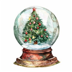 Watercolor painting of a snow globe with a Christmas tree.