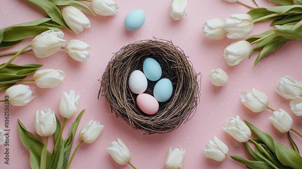 Fototapete very detailed of easter poster with white tulips around and colored eggs in an empty nest on a light