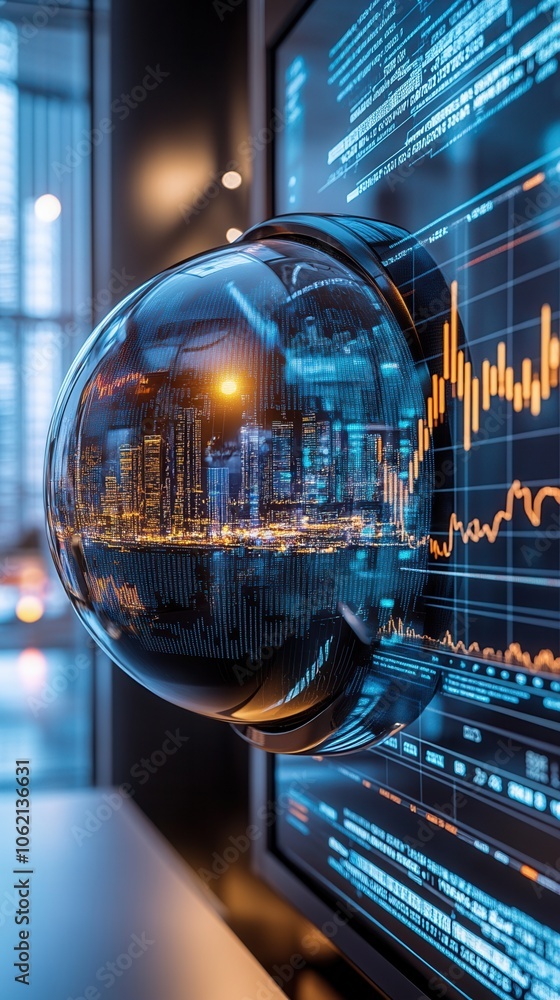 Poster a futuristic financial chart displayed on a sleek screen, with a reflective globe showcasing a citys