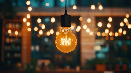 A glowing light bulb at home with a blurred background.