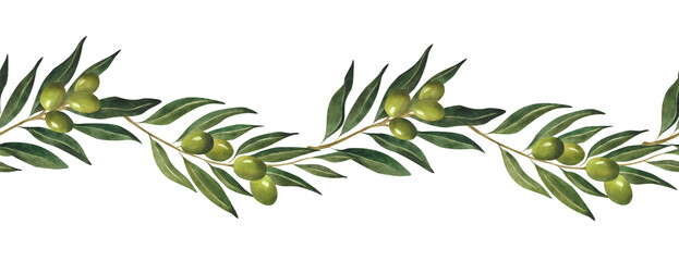 Green olive branch seamless border Watercolor pattern for olive oil wrapping paper, wallpaper print design Menu decoration Botanical background Italian food Natural Organic