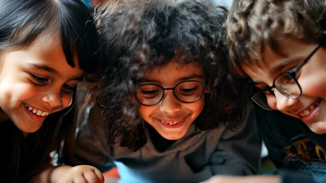 A diverse group of children intently playing a board game in a warm, cozy room. The image captures their focus, interaction, and enjoyment during a shared activity