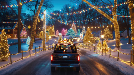 family car driving down street decorated with colorful Christmas lights, surrounded by festive trees and holiday decorations, creating joyful atmosphere