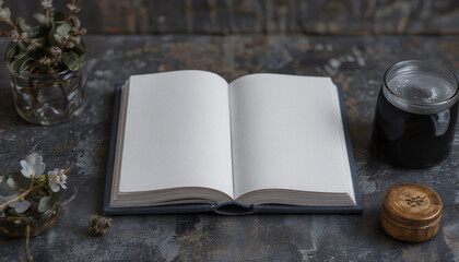 book with flowers at the table, Knolling photography