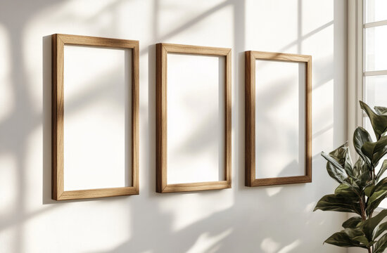 Empty wooden frames arranged on a bright wall with plant accents