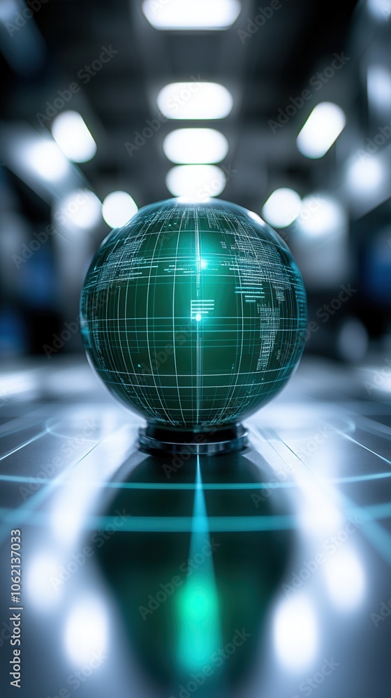 Poster a futuristic green globe illuminated in a tech-inspired environment, symbolizing digital connectivit
