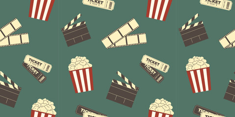 International Film Day pattern on green background. World Cinema Day.Popcorn, tickets, film strip and Clapperboard. Great for wallpaper, banner, website, wrapping paper, cards and packaging.