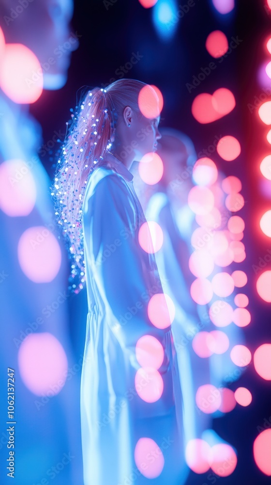 Aufkleber futuristic figures in glowing attire navigate a vibrant world of lights and colors exploring the int