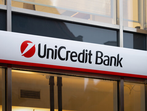 PRAGUE, CZECHIA - 2. October 2024: UniCredit Bank logo sign on a facade. Banking services of the German Hypovereinsbank in Europe. Financial business in the inner city.