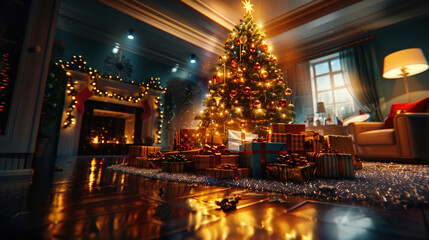 Obraz premium festive Christmas scene featuring beautifully decorated tree adorned with lights and ornaments, surrounded by colorful wrapped gifts. warm ambiance evokes joyful holiday spirit