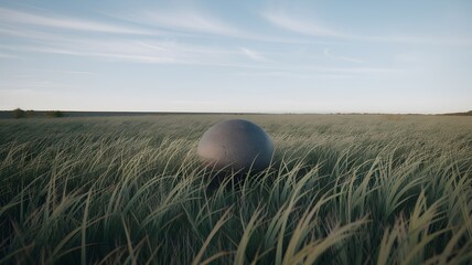 Dark round stone in open grass field with wispy clouds