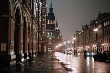 Fototapeta premium Elegant city nighttime view with wet pavement reflecting lights, historic buildings lining the street under a dimly lit, overcast sky.