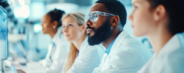 Diverse medical team analyzing digital health data, futuristic lab, teamwork focus