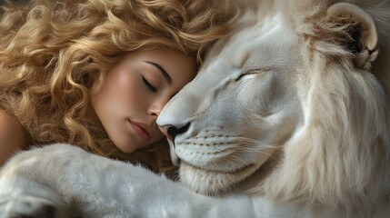 Woman Embracing a White Lion