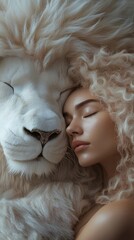 Woman Embracing a White Lion