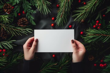 Closeup of hands holding white blank mockup Christmas card with copy space for text on beautiful festive Christmas background with pine and fir branches. Elegant and stylish holiday card