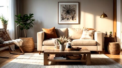 Boho Living Room Interior with Stylish Beige Sofa, Cozy Decor, Wicker Baskets, and Elegant Accessories for Chic Home Aesthetic