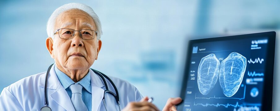 Doctor presenting health metrics on digital screen to elderly patient, compassionate care