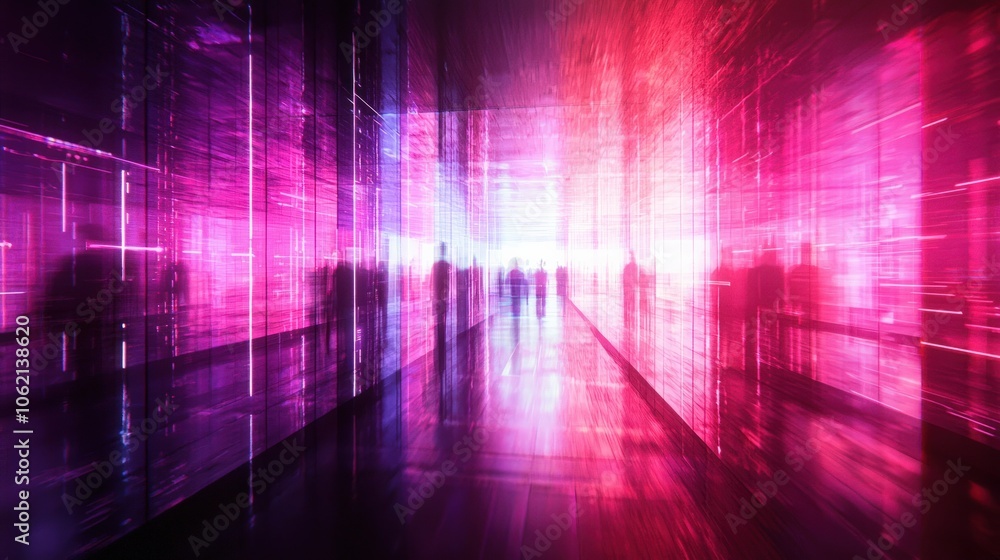 Poster people navigate through a colorful digital realm as vibrant lights illuminate their path in a futuri