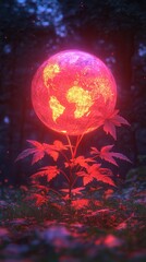 Fototapeta premium A glowing representation of Earth, emerging from a vibrant plant in a mystical forest setting, symbolizing nature and sustainability.