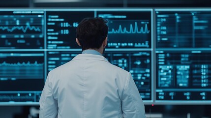 Doctor with digital display of health data in clinic, clear data visualization, futuristic design