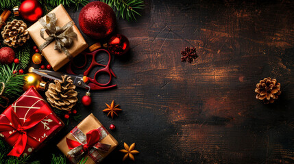 Festive gift wrapping station with beautifully wrapped presents, ornaments, and decorative elements creating joyful holiday atmosphere