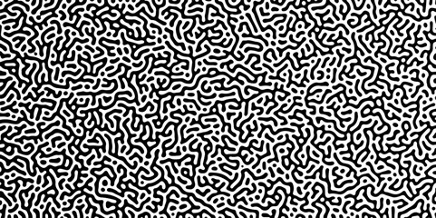 Turing reaction diffusion monochrome seamless pattern with chaotic motion. Natural seamless line pattern. Linear design with biological shapes. Structure of natural cells, maze, coral. vector.
