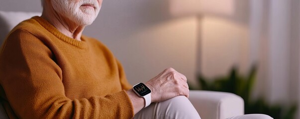 Elderly patient with smartwatch tracking vitals, soft lighting, supportive home health tech