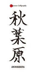 日本の伝統的な書道で書かれた東京の観光名所の地名 - 秋葉原