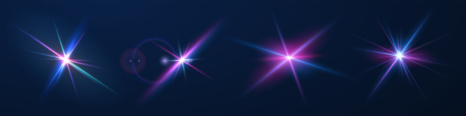 The image shows a multi-colored starlight including sunlight and dawn effect. Rainbow star. The star shines with a rainbow of red yellow and blue colors. Optical effect of fire light. Vector lens