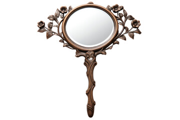 An elegant, antique wall mounted mirror with a gold-trimmed frame, casting a soft, magical light on a white background