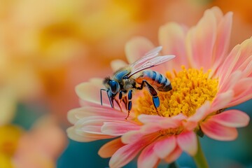 Close-up of a Bee on a Pink and Yellow Chrysanthemum Flower