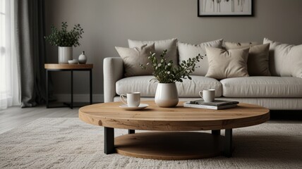 Cozy living room with stylish wooden coffee table, fresh greenery and soft textiles