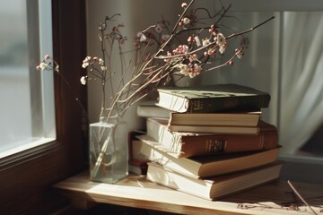 Obraz premium A stack of vintage books rests by a sunlit window, accompanied by delicate flowers in a glass vase.